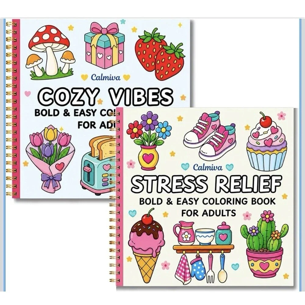 Set of 2 Bold & Easy Adult Coloring Books Entitled: Cozy Vibes & Stress Relief